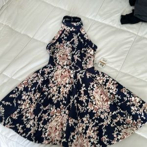 Floral Dress: a-line, navy background pink floral NWT